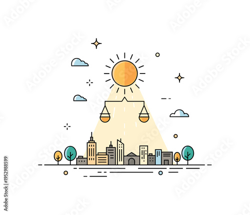Golden hour sunlight casting long soft shadows over a minimal city skyline representing creativity and inspiration at the end of the day. The sun as the