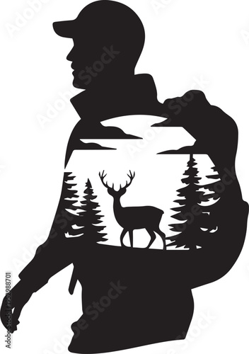 Silhouette of hunter carrying backpack in wilderness with deer and pine trees, representing outdoor adventure and nature pursuit