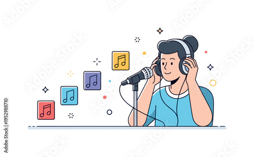 Vocal warm up practice illustrated by a singer holding headphones with floating note icons arranged in ascending order symbolizing scale exercises
