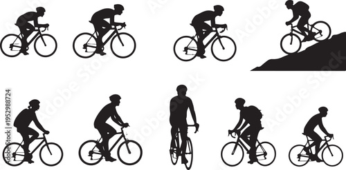 Silhouette of a cyclist riding a bicycle in various positions silhouette