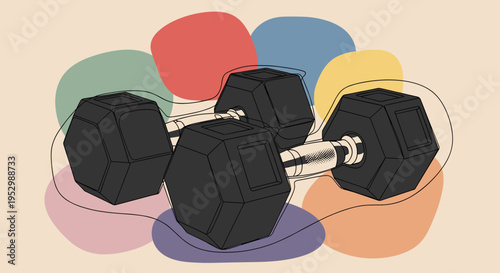 A set of three hexagonal dumbbells in a minimalist style, featuring colorful abstract shapes in the background
