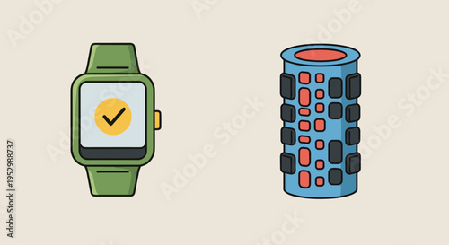 A modern smartwatch and a cylindrical speaker icon, featuring a flat design style suitable for technology themes