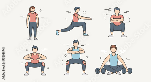 A collection of fitness illustrations featuring diverse characters engaged in various exercises, in a flat design style