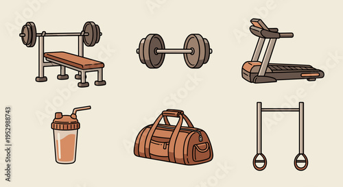 A collection of fitness equipment illustrations featuring weights, a treadmill, a protein shake, and a gym bag in a flat style