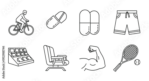 A collection of fitness and leisure icons in a minimalist outline style, ideal for health and lifestyle themes