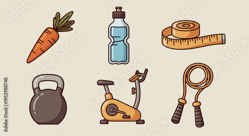 A collection of fitness-related icons including a carrot, water bottle, kettlebell, measuring tape, skipping rope, and exercise equipment in a flat style