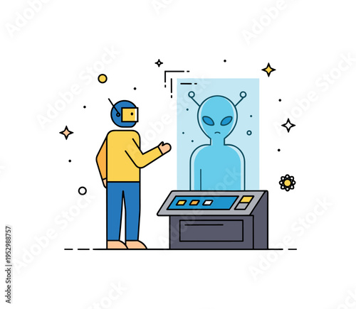 First contact through advanced technology human figure standing beside a holographic console projecting a translucent alien silhouette, expressing curiosity,