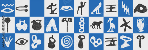 Blue Egyptian hieroglyphs and Mediterranean pottery doodle sketch charcoal style. Antique vase and animal elements for travel postcard prints.