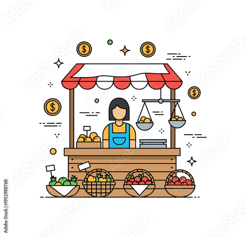 Traditional market trader standing behind a small wooden stall with baskets of fruits and a hanging scale, expressing community commerce and everyday exchange