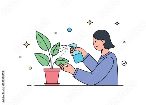 Mindful plant care moment illustration featuring a person gently misting leaves with a small spray bottle, symbolizing relaxation and connection with living