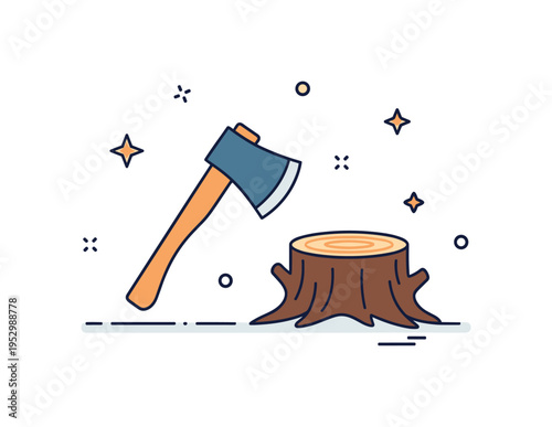 Logging activity impact concept showing a compact axe icon placed next to a freshly cut tree stump. The composition communicates human intervention and