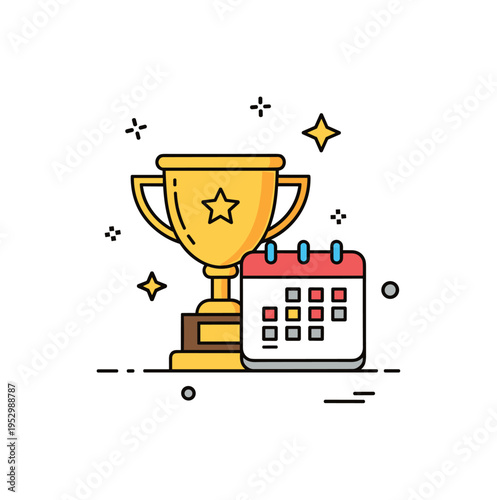 Career longevity and achievement badge featuring a simple trophy combined with a calendar icon and small star accents. The composition celebrates dedication,