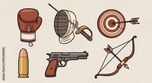 A collection of sports equipment including boxing gloves, fencing gear, a gun, and archery items in a flat style