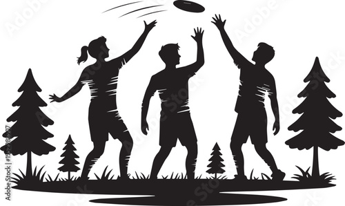 Silhouette of three people playing frisbee in park with trees, representing outdoor activity, sports, and teamwork