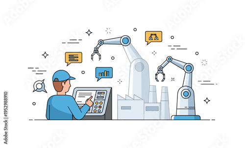 Automated production supervision with a factory worker monitoring a control panel while robotic arms operate in the background, representing modern industry