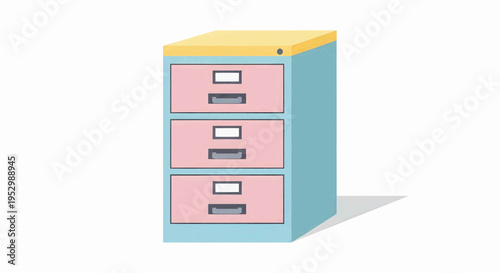 A stylized illustration of a light blue three-drawer filing cabinet with a yellow top, perfect for office organization and storage needs