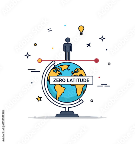 Standing on the equator idea centered on a small human silhouette positioned on a marked line across a globe base with a subtle Zero Latitude label, expressing