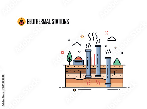 Geothermal stations underground heat extraction theme centered on a simplified cross section of earth layers with vertical pipes channeling steam upward. A