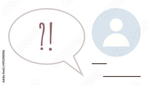 Communication, identity, inquiry, social media, interaction, user interface. Speech bubble with punctuation and profile icon. Communication and identity concept