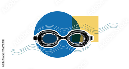 Black and white pair of swimming goggles viewed from above, oversized cobalt circle echoing lens shape behind them, muted yellow geometric block offset to the