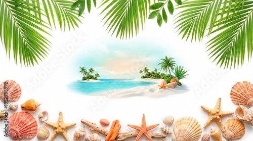 Tropical island and seashells frame on white background