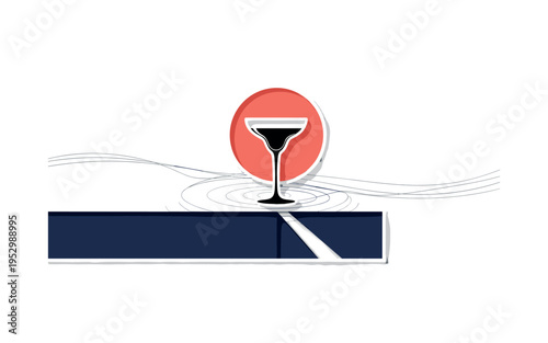 Black and white cocktail glass held up against a sunset beach horizon, vivid red circular sun intersecting the glass, teal horizontal bar cutting across