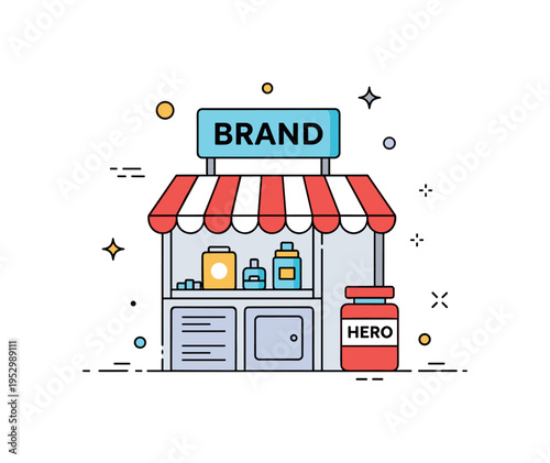 Pop up shop concept featuring a small modular stand with a bold brand sign and one hero product, expressing flexibility, mobility, and temporary retail