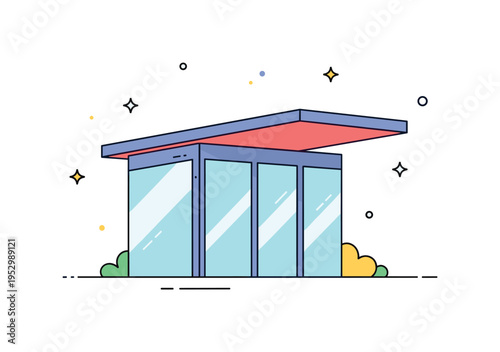 Cantilever roof extension bold flat roof projecting beyond glass walls with subtle sunlight accents, representing shelter, innovation and