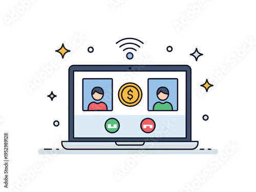 Remote salary negotiation via video call with a laptop screen showing two profile icons and a coin symbol between them representing digital communication and