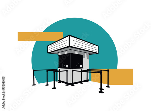 minimalist monochrome ticket booth at theater entrance, contrasted by bold teal circular backdrop and mustard yellow rectangular shapes, thin structured lines