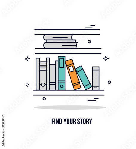 Minimalist bookshelf silhouette with a single highlighted book pulled slightly outward representing curiosity and discovery. A short Find Your Story phrase