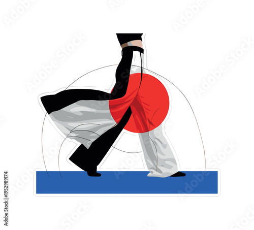 Black and white wide-leg pants flowing in motion as a person walks, oversized vivid red circle intersecting the leg movement, cobalt blue rectangular block