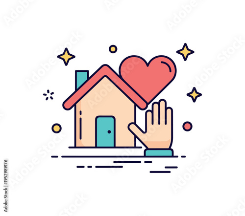 Humanitarian aid shelter badge showing a small house icon combined with a heart symbol and subtle helping hand accent. The composition reflects compassion,