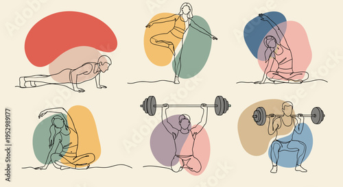 A collection of line art illustrations featuring diverse fitness activities, in a minimalist style with colorful abstract backgrounds