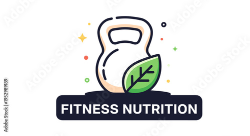 A colorful illustration of a kettlebell with a leaf, in a modern flat style, representing fitness nutrition