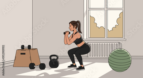 A woman performing squats in a modern gym setting with fitness equipment, illustrated in a minimalist style