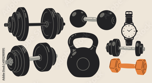 A collection of fitness equipment including dumbbells, kettlebells, and a watch, in a flat design style