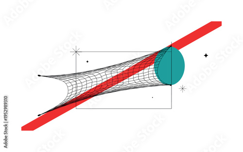 Black and white side perspective of a stretched soccer net creating diagonal grid tension, vivid teal half circle anchoring the back corner, bright red