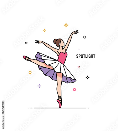 Prima ballerina mid pirouette with flowing tutu capturing movement and precision on stage. A small Spotlight text detail subtly reinforces performance focus