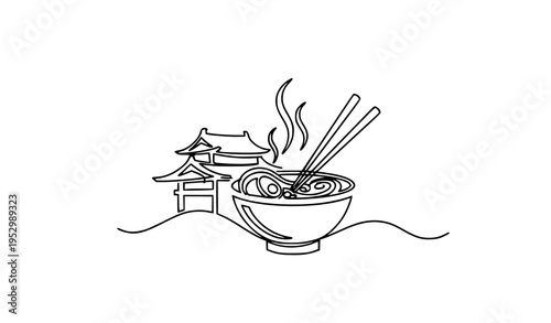 A minimalist line art illustration of a steaming bowl of noodles with chopsticks in front of a traditional Asian building