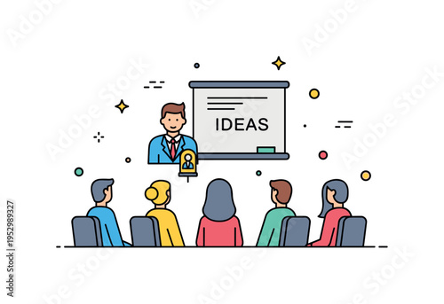 Town hall meeting discussion showing a central speaker figure beside a board labeled Ideas while a small seated audience listens attentively, expressing civic