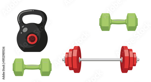 A collection of colorful fitness equipment including kettlebells and dumbbells in a flat design style
