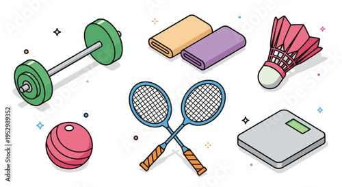 A vibrant collection of fitness and sports equipment including dumbbells, towels, rackets, and a scale in a modern flat style