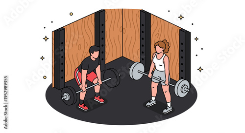 Two individuals lifting weights in a gym setting, illustrated in a flat, modern style, ideal for fitness themes