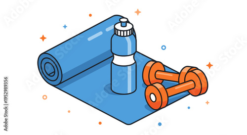 An illustration featuring a yoga mat, a water bottle, and dumbbells in a modern flat style, ideal for fitness themes