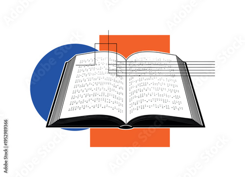 black and white open braille book as central object, detailed raised dots visible, cut-out effect with subtle white outline, layered with bold cobalt blue