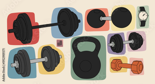 A colorful set of fitness equipment including dumbbells, kettlebells, and a watch, illustrated in a flat style