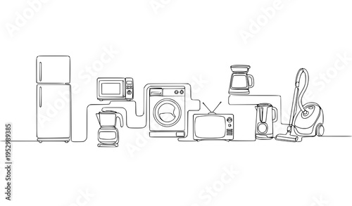 A line drawing of various household appliances connected by lines