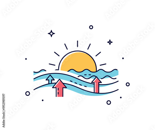 Sea horizon hope and future outlook depicted by a bright sun rising higher above smooth water with subtle upward arrow accents hidden in the wave curves. The