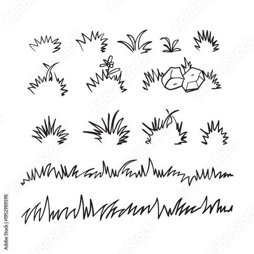 Hand-Drawn Grass and Rock Elements Vector Set for Nature-Themed Illustration Designs